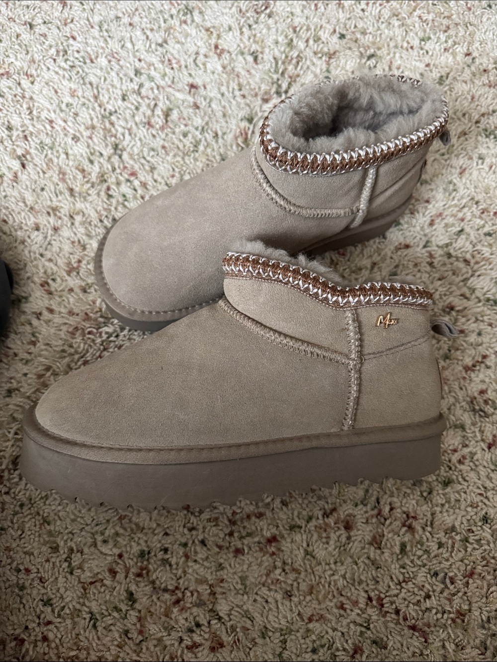 Mexx Taupe Suede Shearling-Lined Ankle Booties